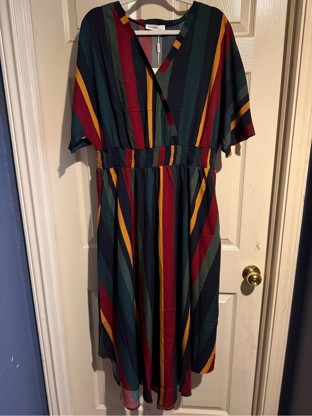 Green Multi-Stripe V-Neck Midi Dress